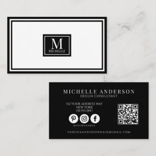 Modern Black & White Monogram Boarder QR Code  Business Card