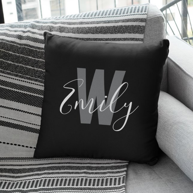 Modern Black White Monogram Cushion (Modern Black White Monogram Throw Pillow)