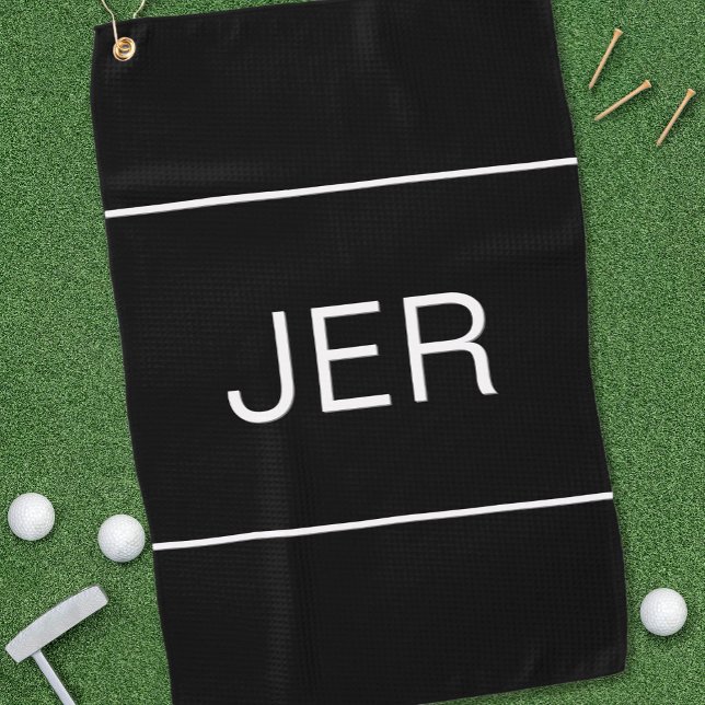 Modern Black White Monogram  Golf Towel (Golfer Black and White Custom Monogrammed Initials Sports Pro Golf Towel)