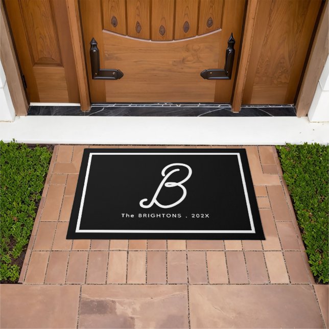 Modern Black White Monogram Initial Family Name Doormat (Outdoor)