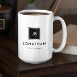 Modern Black & White Monogram Initials Groomsmen Coffee Mug<br><div class="desc">This masculine groomsman coffee mug features a minimalist design, highlighting the groomsman's initials in a modern square motif, complemented by their name and title in sleek, modern black and white typography. For personalisation, input the groomsmen's name, monogrammed initials, and title in the customisation field to create your own unique wedding...</div>