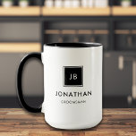 Modern Black & White Monogram Initials Groomsmen Mug<br><div class="desc">This masculine groomsman coffee mug features a minimalist design, highlighting the groomsman's initials in a modern square motif, complemented by their name and title in sleek, modern black and white typography. For personalisation, input the groomsmen's name, monogrammed initials, and title in the customisation field to create your own unique wedding...</div>
