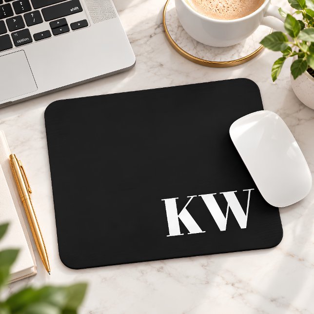 Modern Black White Monogram Initials Personalised Mouse Pad (Creator Uploaded)