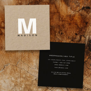 Modern Black White Monogram Kraft Square Business Card