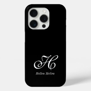 Modern Black White Monogram Name iPhone 15 Pro Case