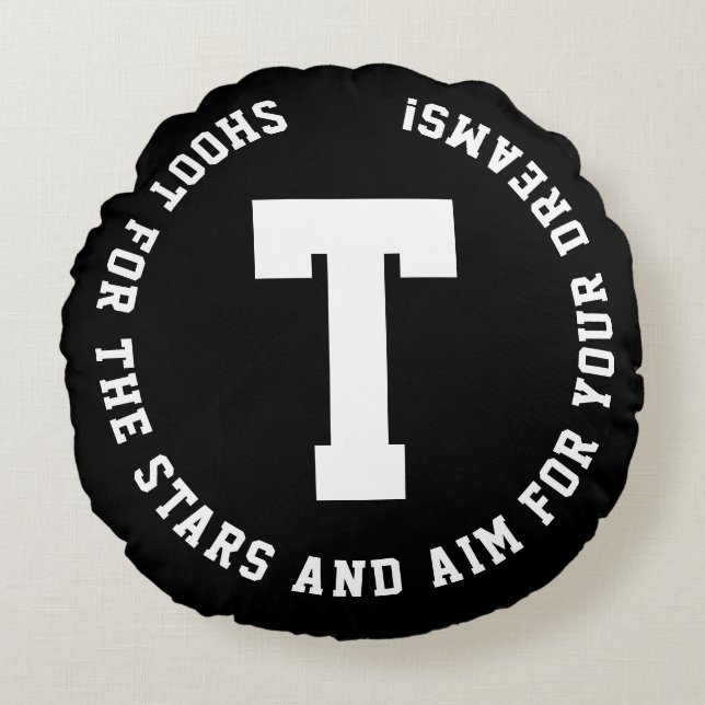 Modern Black White Monogram Name Initial Bold Typo Round Cushion (Front)