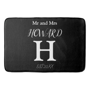Modern Black White Monogram Name Newlyweds  Bath Mat