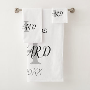 Modern Black White Monogram Name Newlyweds  Bath T Bath Towel Set