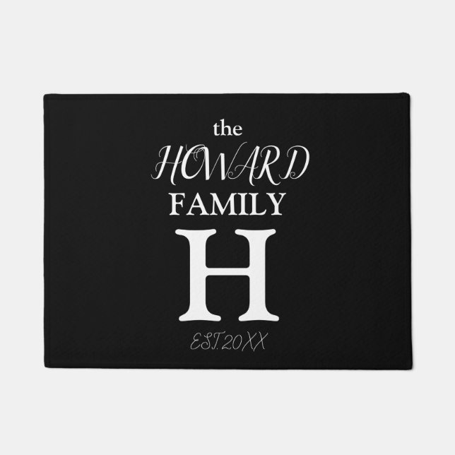 Modern Black White Monogram Name Newlyweds  Doormat (Front)