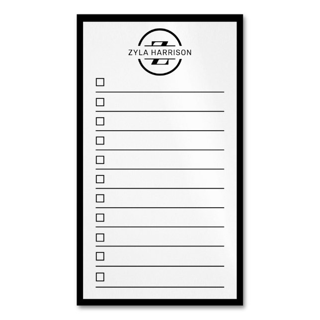 Modern Black White Monogram Name To Do List Magnetic Business Card (Front Vertical)