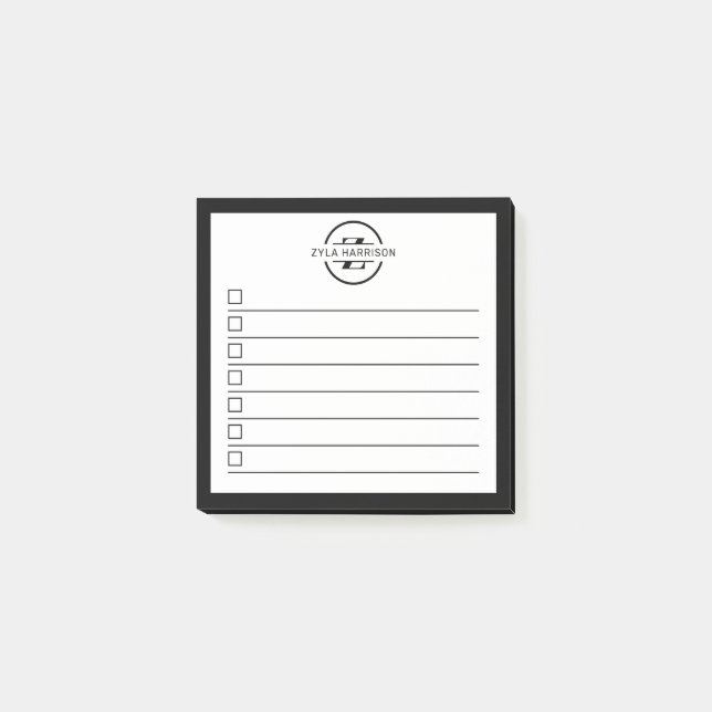 Modern Black White Monogram Name To Do List Post-it Notes (Front)