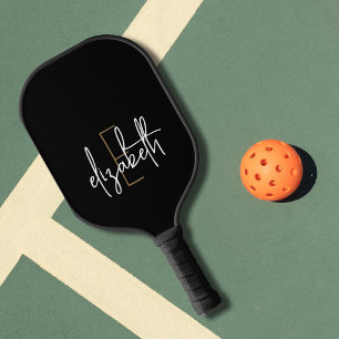 Modern Black White Monogram Pickleball Paddle
