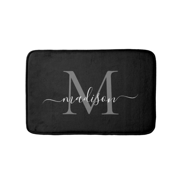 Modern Black White Monogram Script Elegant Girly Bath Mat (Front)