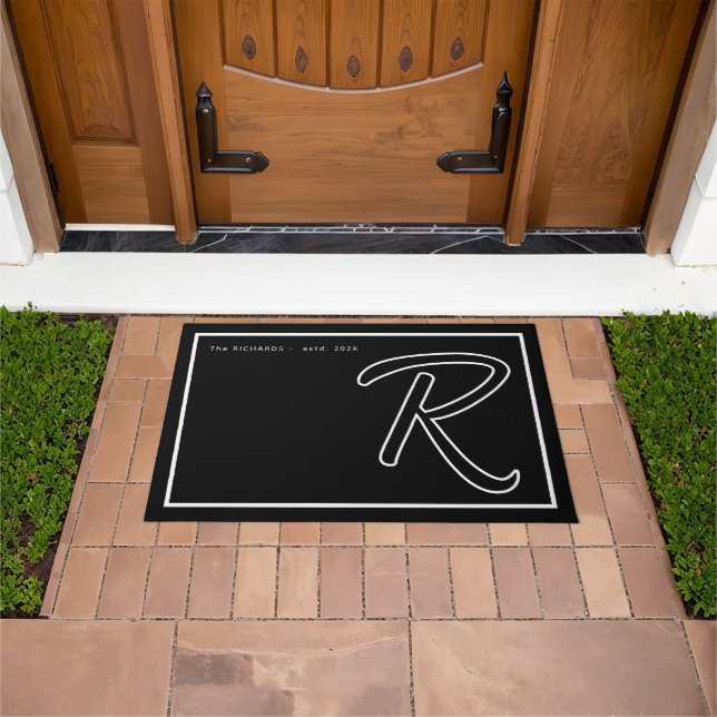 Modern Black White Monogram Script Family Name Doormat (Outdoor)