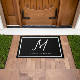 Modern Black White Monogram Script Family Name Doormat