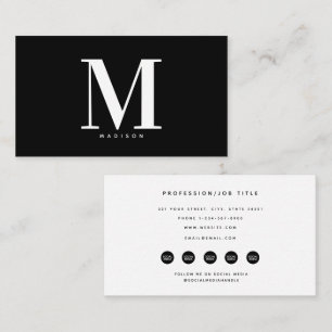 Modern Black White Monogram Social Media Icons Business Card