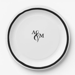 Modern Black & White Monogram Wedding Paper Plate
