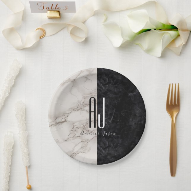 Modern Black White Monogram Wedding Paper Plate (Wedding)
