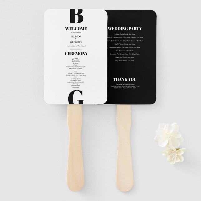Modern Black & White Monogram Wedding Program Hand Fan (Front and Back)