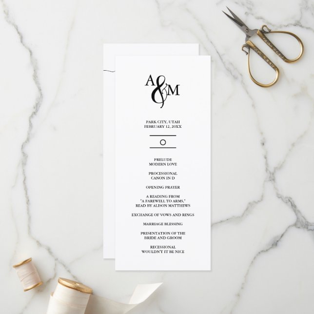 Modern Black & White Monogram Wedding Programme (Front/Back In Situ)