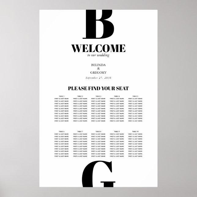 Modern Black White Monogram Wedding Seating Chart (Front)