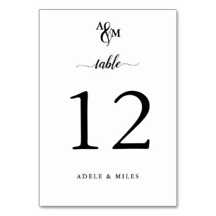 Modern Black & White Monogram Wedding Table Number