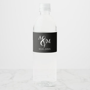Modern Black & White Monogram Wedding Water Bottle Label