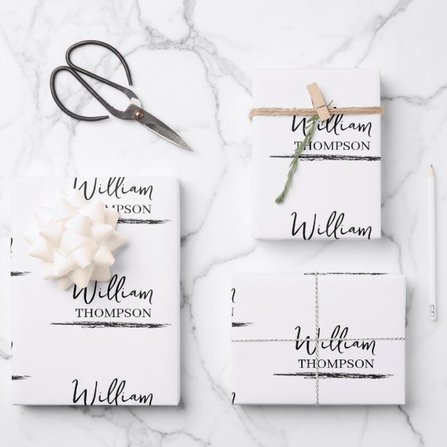 Modern Black & White Monogrammed Name Wrapping Paper Sheet (Front)