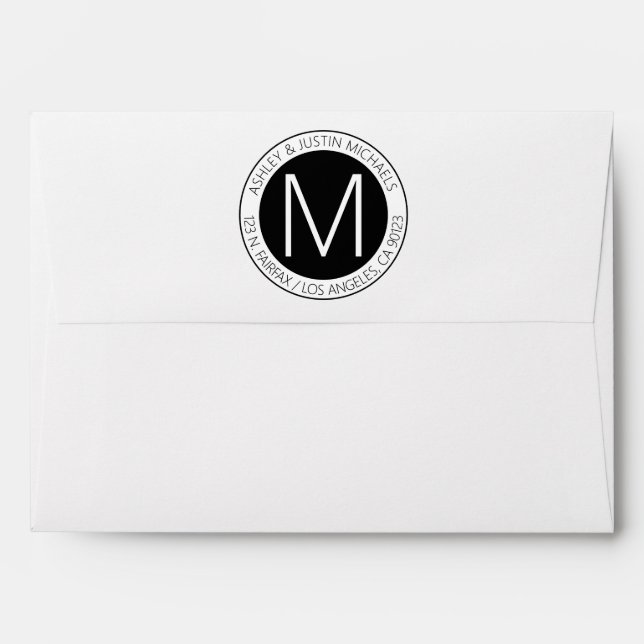 Modern Black & White Monogrammed Return Address Envelope (Back (Top Flap))