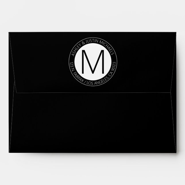 Modern Black & White Monogrammed Return Address Envelope (Back (Top Flap))