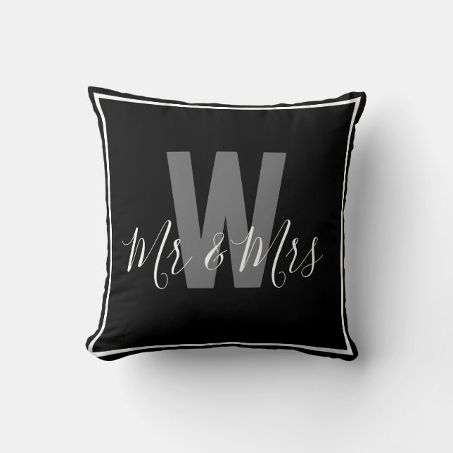 Modern Black White Mr Mrs Monogram Border Cushion (Front)