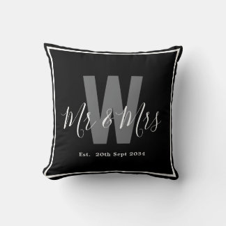 Modern Black White Mr Mrs Monogram Border Date Cushion