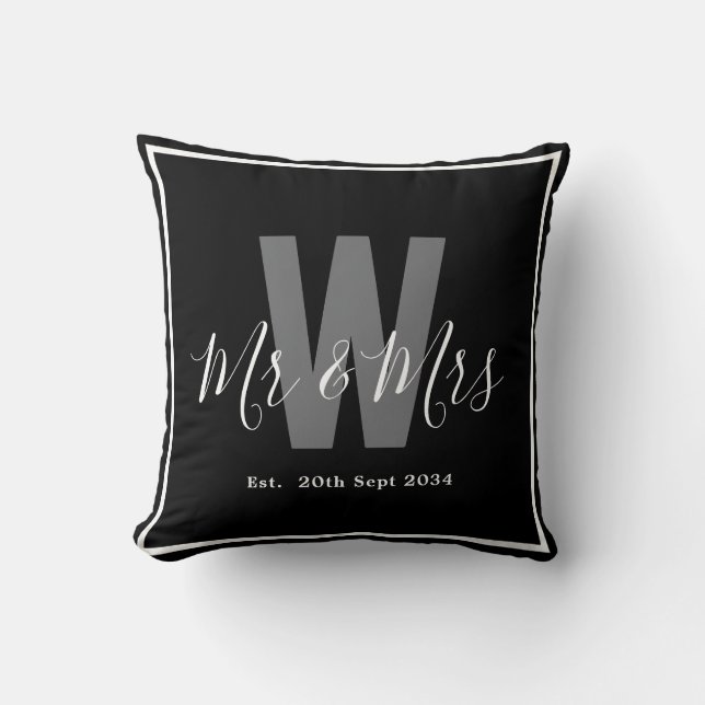 Modern Black White Mr Mrs Monogram Border Date Cushion (Front)