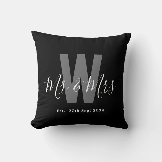 Modern Black White Mr Mrs Monogram Date Cushion (Front)