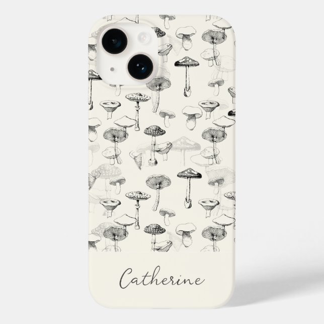 Modern Black White Mushrooms with Custom Name Case-Mate iPhone Case (Back)