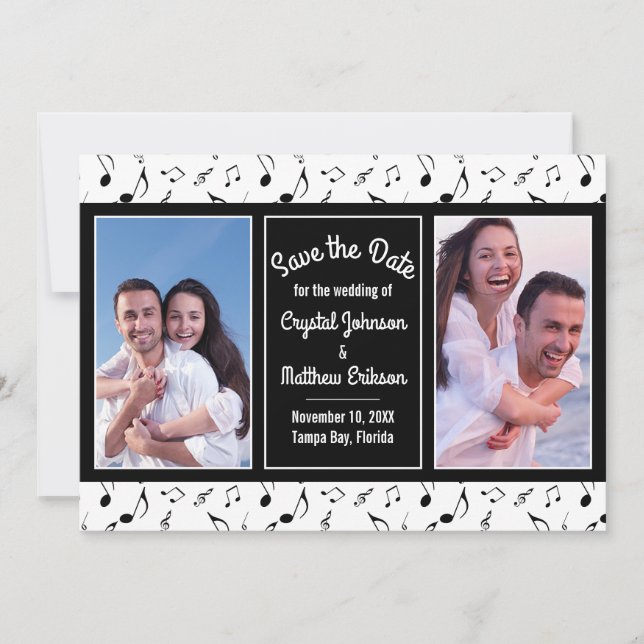 Modern Black White Music Notes Photo Save the Date (Front)