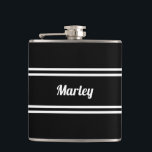 Modern Black & White Name  Hip Flask<br><div class="desc">Bold, minimal, and ready to gift. This sleek flask features a custom name (up to ten characters) in crisp white script, framed by a clean double border on a bold black background. Whether you're teeing off or toasting the groom, this flask adds personal flair to any occasion. Compact and easy...</div>