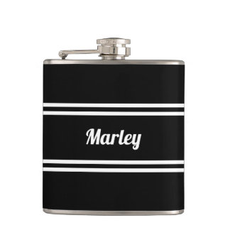 Modern Black & White Name  Hip Flask