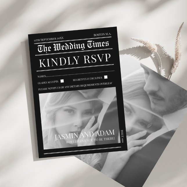 Modern Black White Newspaper Wedding RSVP Enclosure Card (Newspaper Black Dark Mode Photo Wedding RSVP Enclosure Card)