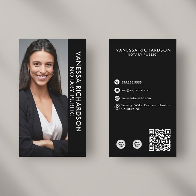 Modern Black & White Notary Vertical Photo QR Code Business Card (Creator Uploaded)