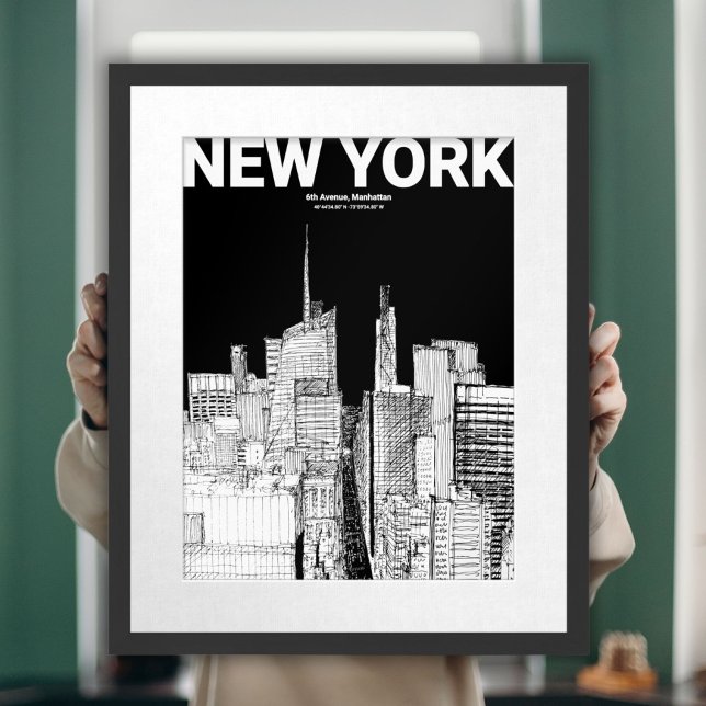 Modern Black & White NYC Skyline Travel Sketch Poster (New York City Skyline Black White Sketch Wall Art)