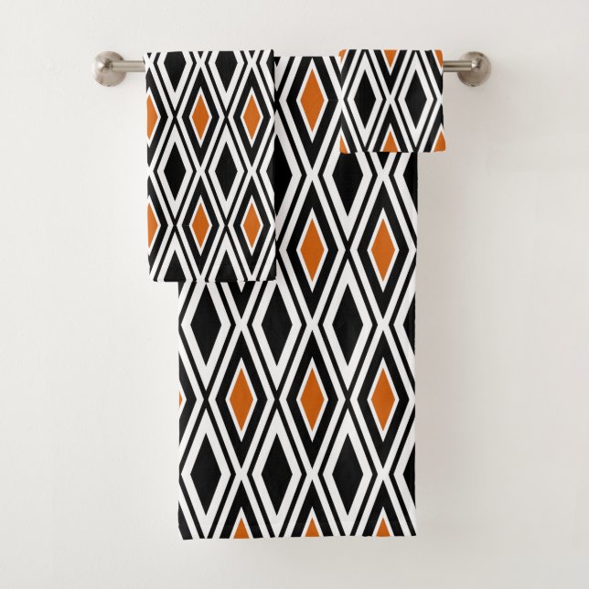 Modern Black White Orange Diamond Pattern Bath Towel Set (Insitu)