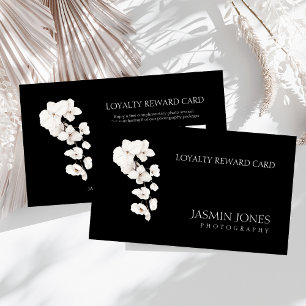 Modern Black White Orchid Floral Business Loyalty Card