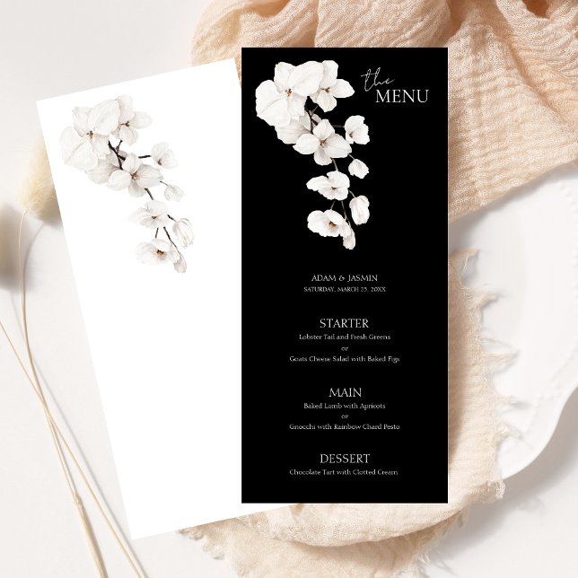 Modern Black White Orchid Floral Wedding Menu (Modern Black and White Orchids Flowers Wedding Menu )