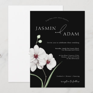 Modern Black White Orchid Initials Wedding Invitation