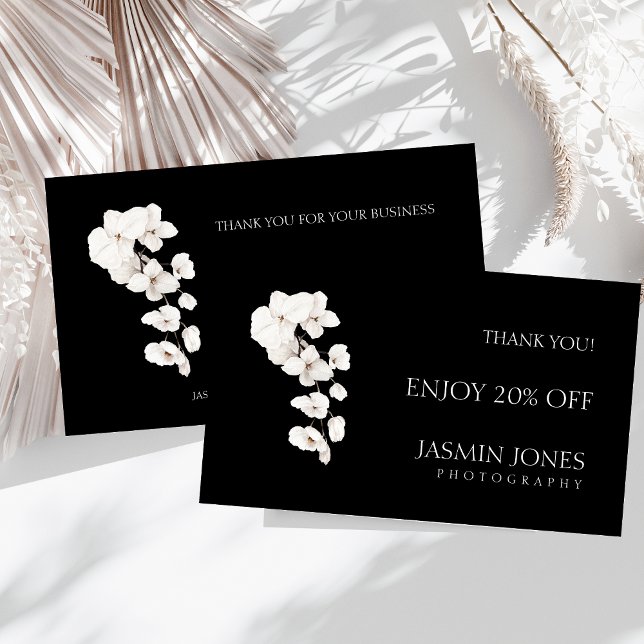 Modern Black White Orchids Floral Business Discount Card (Modern Black and White QR Code Orchids Flowers Business Discount Card)