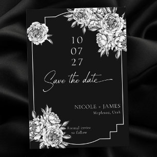 Modern black white peonies photo save the date invitation