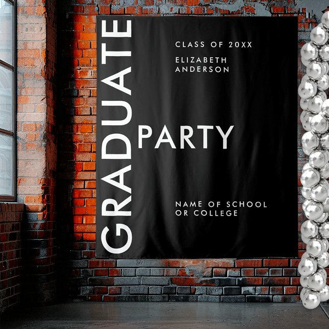 Modern Black White Personalise Graduation Backdrop Tapestry (Creator Uploaded)