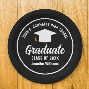 Modern Black White Personalised Graduation Party Paper Plate