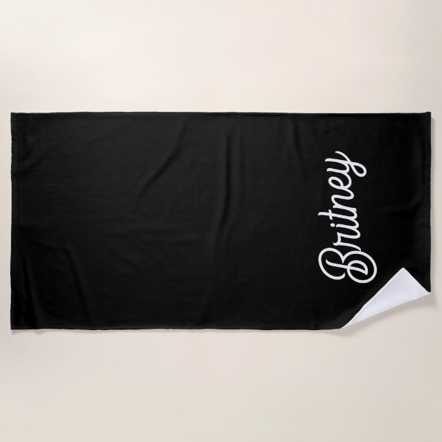 Modern Black White Personalised Monogram and Name  Beach Towel (Front)